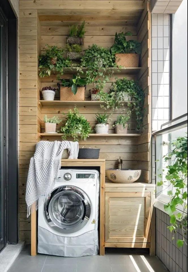 阳台装了洗衣机一体柜,上方是置物架,养些绿植盆栽,绿意盎然,生机勃勃