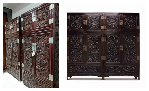 《雕龙索板顶箱柜》（图左）复刻还原故宫太和殿中的清代《紫檀高浮雕九龙西番莲纹顶箱式大四件柜》（图右）